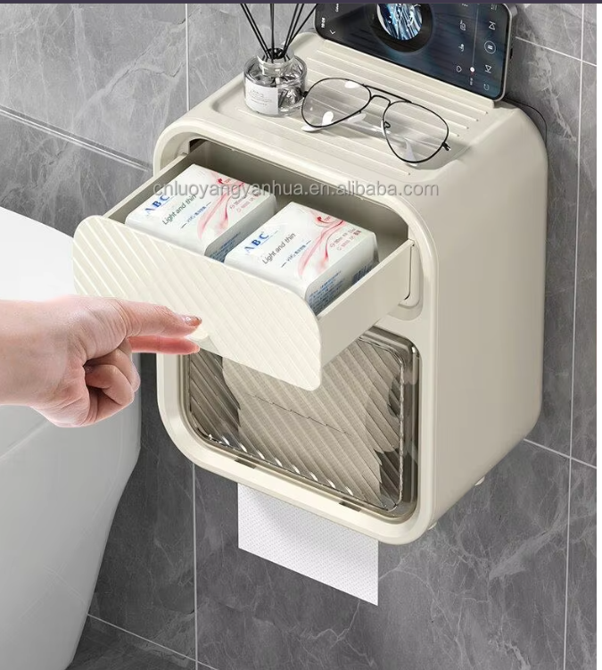 Bathroom Adhesive Waterproof Wall-mounted Roll Toilet Paper Dispenser Luxury Toilet Tissue Holder Plastic Tissue Storage Box
